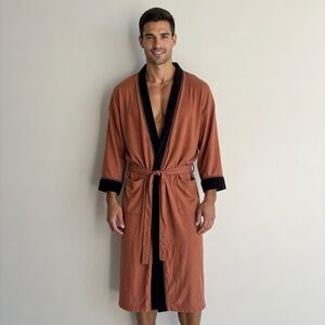 Vintage 70s/80s Michael Paige Velour Robe Rust Terracotta Black Velvet Trim OS